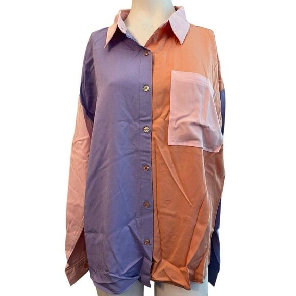 Easel Ladies Medium Colorblock Button Up Shirt Autumn Colors Pocket Blouse NWT - Picture 1 of 6